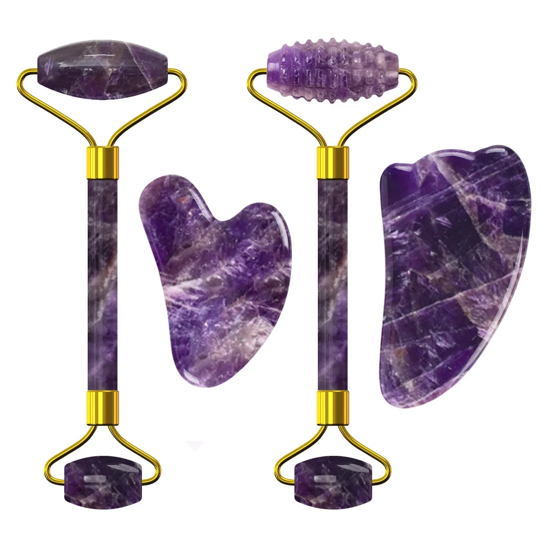 

Natural Amethyst Jade Roller Guasha Set Facial Massager Real Stone Gouache Scraper Rose Quartz Face Massage Roller