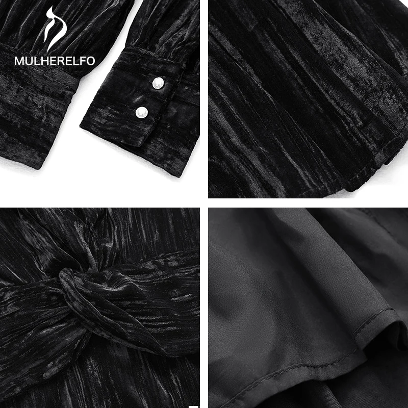 

Autumn Elegant Velvet Loose A-Line Dress Solid Color V Neck Long Sleeve Stitching Midi Dress Casual Harajuku Korean Woman Dress