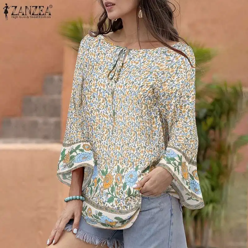 

Пляжная рубашка ZANZEA в богемном стиле, осенняя блузка с цветочным принтом, Женские винтажные Топы с длинным рукавом, женские повседневные св...