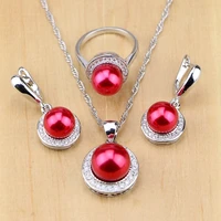 red pearl with toapz 925 silver jewelry sets for women party pendant drop earrings rings necklace set dropshipping