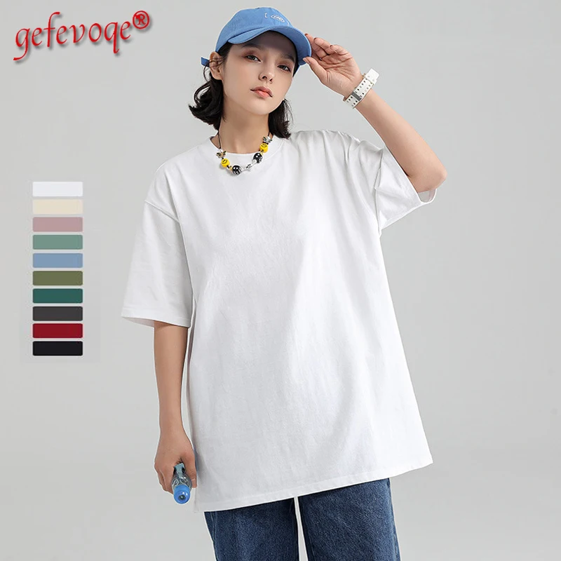 

2021 Summer Women Solid Color Simple Cotton Tops Loose Half Sleeve Match Basic Unisex T-shirt Cool Harajuku Tshirts Pour Femme