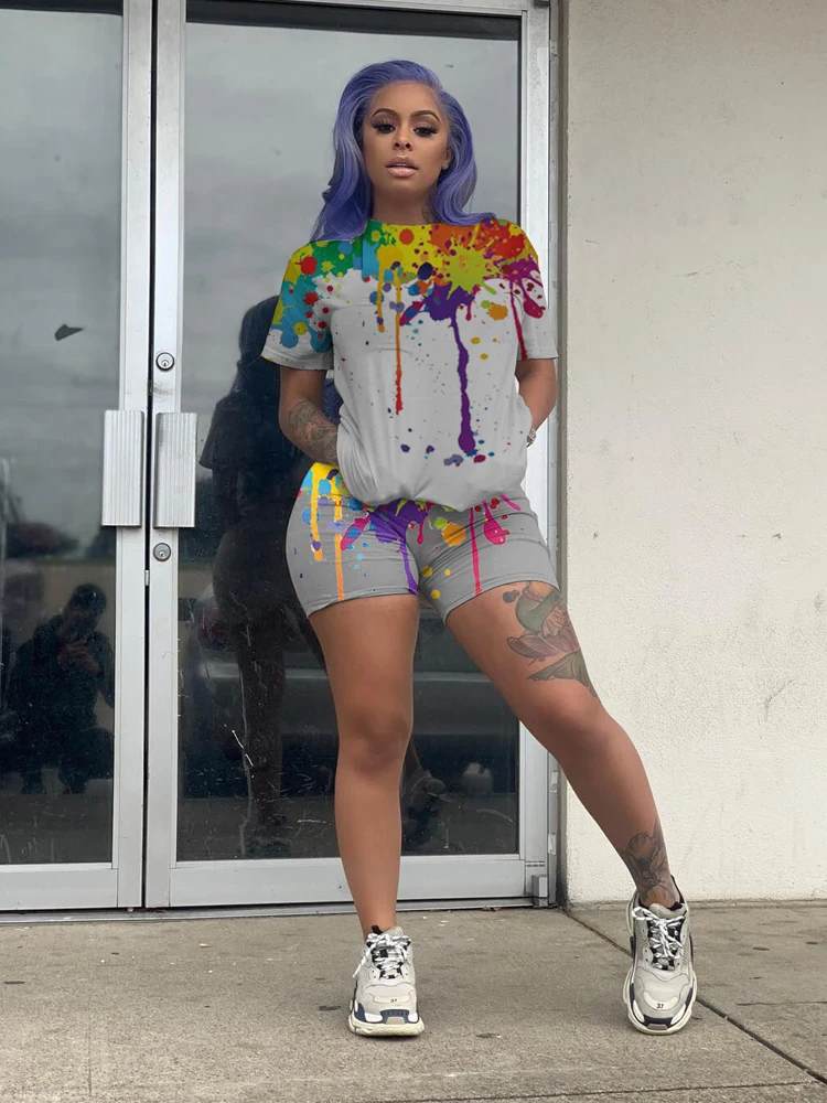 

2021 Summer Tracksuit Women Oversized Tie Dye Printed Tops And Biker Shorts Two Piece Sets Sportswear Outfits Female Clothing
