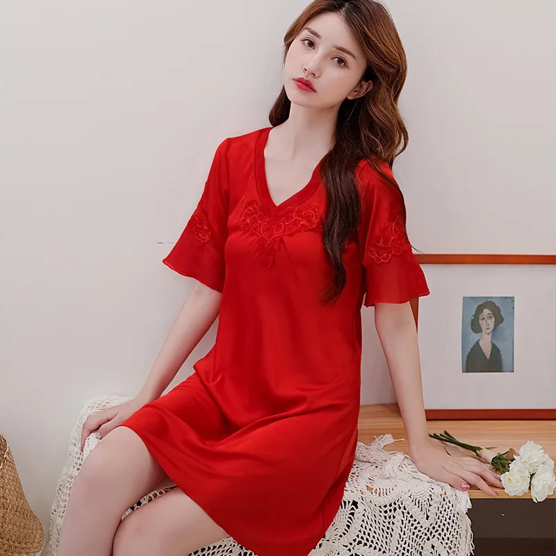 Nightdress Women's Summer Short Sleeve V-Neck Korean Sweet Sexy Nightgown Thin Lovely Loose Nightwear Home Clothes Night Gown
