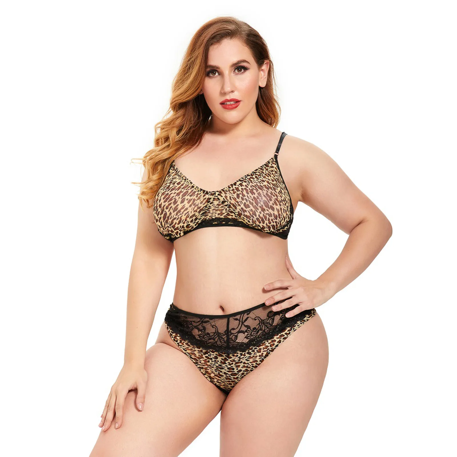 

Gold Plus Size Ladies sexy lingerie leopard print lace stitching seductive lingerie Party sleepwear Women Underwear (bra+thong)