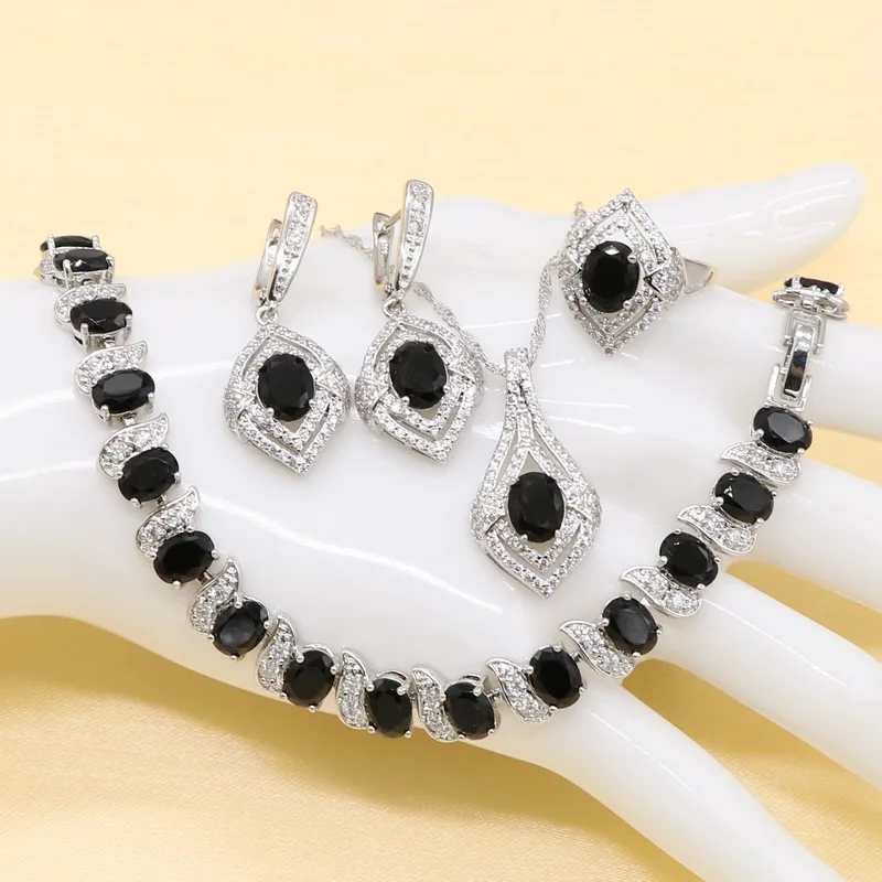 Черный комплект ювелирных изделий из стерлингового серебра с кубическим