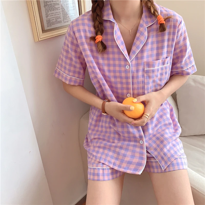 

Plaid Home Suit Summer Pajamas Set Women Short Sleeve Turn Down Collar Sleepwear Loose Pijamas Casual Purple