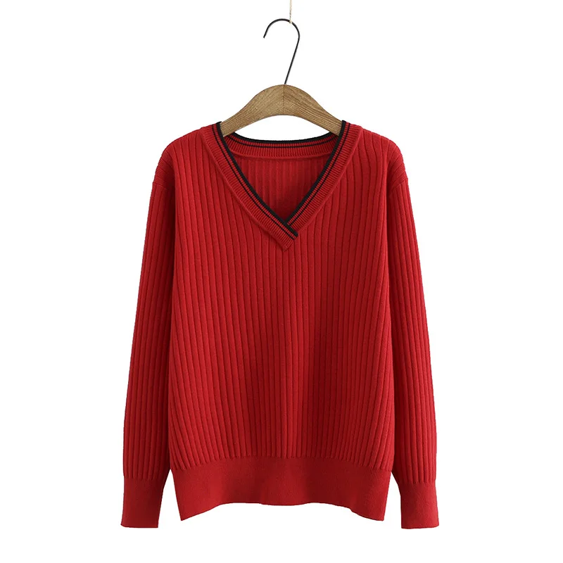 

Plus Size Women Sweater Autumn/Winter Jumper V Neck Contrast Pullover Knitted Undershirt Fashion Casual Loose Tops XL/4XL