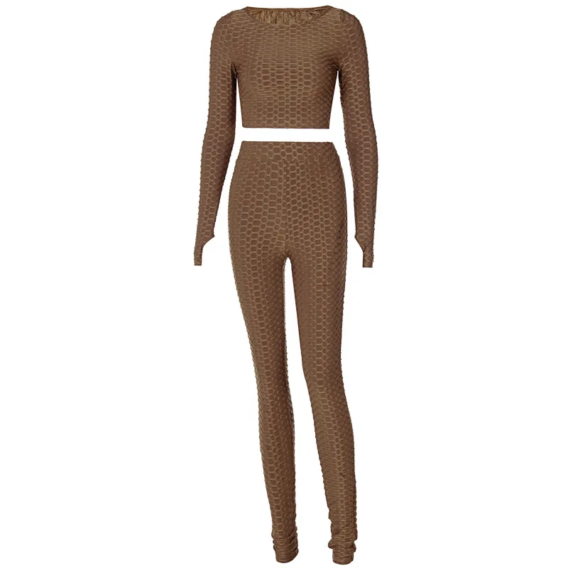 

Solid Color Round Neck High Waist Hip-lifting Tracksuit Crop Top and Tight Sweatpants Women Two-piece Outfits Winter
