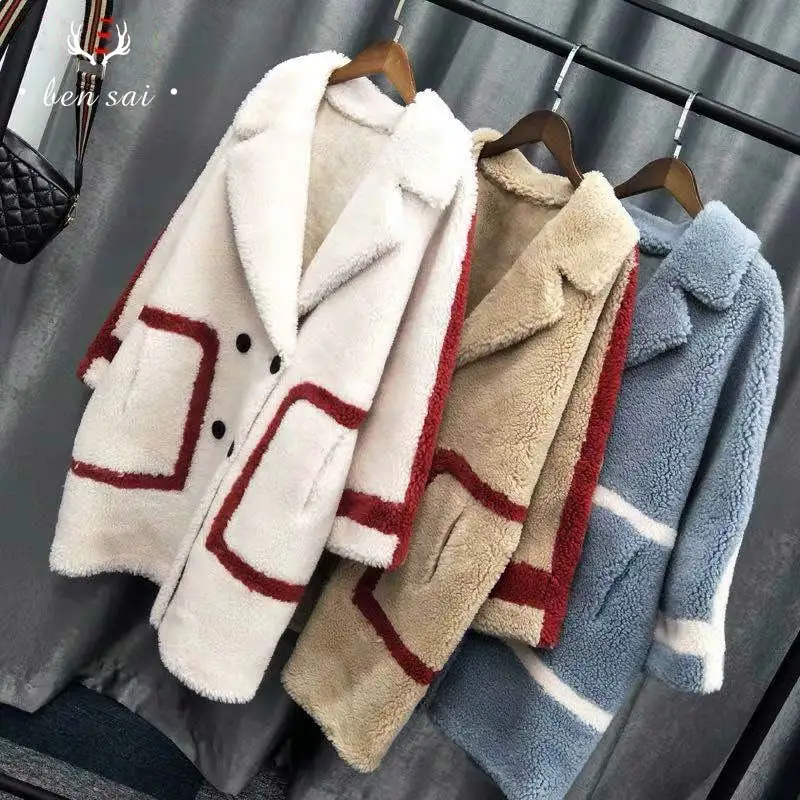 Модное женское кожаное меховое пальто длинное двубортное с карманами и