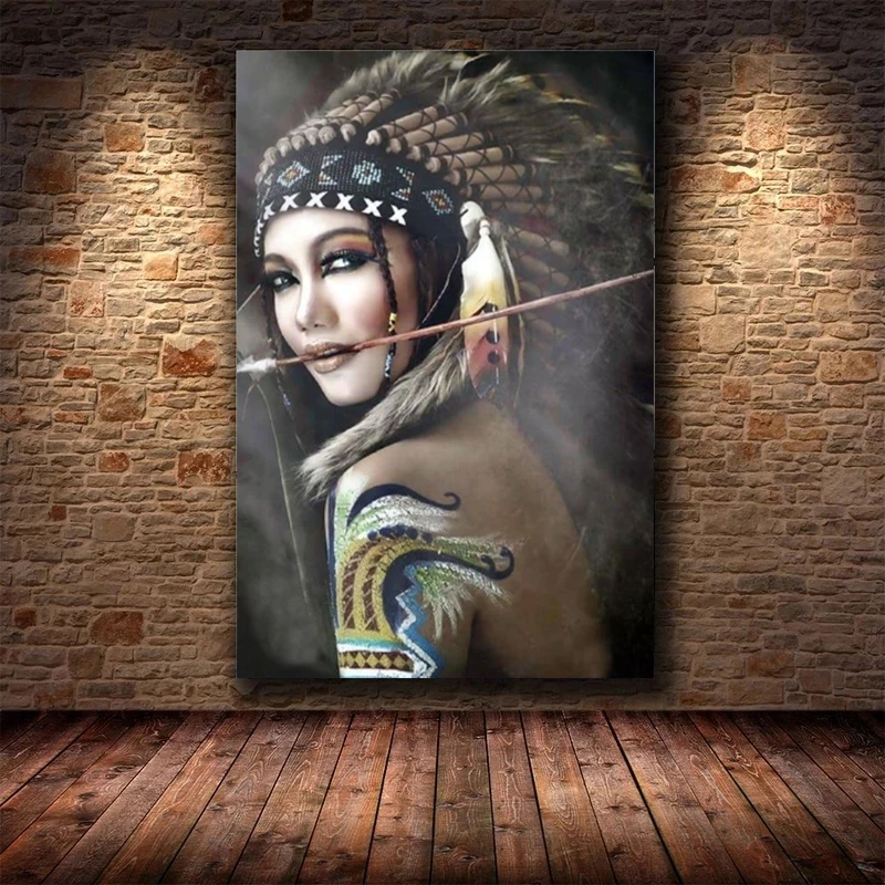 

Indian Woman Feather Art Oil Painting Canvas Painting Cuadros Posters Print Wall Art for Living Room Home Decor (No Frame)