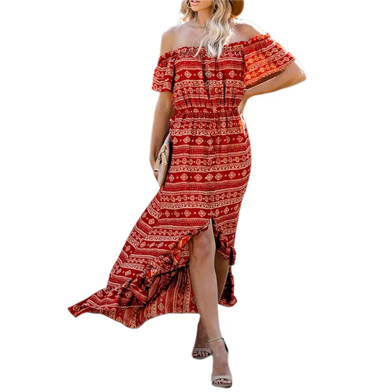 Новое модное женское платье макси в стиле бохо летнее пляжное с коротким рукавом
