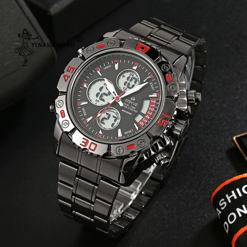 

Men's Watch Sports Luxury Dual Movement Electronic Waterproof Multi-Function Stainless Steel Leisure Chronograph Luminous Watch