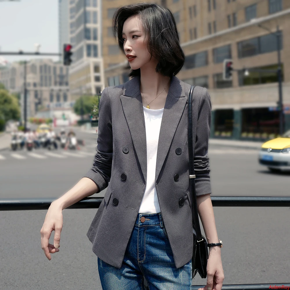 

2020 Autumn Winter Formal Elegant Gray Black Women's Blazers Suit Jacket Office Ladies Work Wear and Tops Outfits Coat