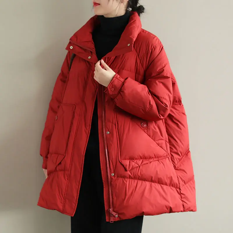 

2022 Winter Women's New Long Sleeve Loose Coats Female Literary White Duck Down Jackets Ladies Thick Warm Solid Outwear R892