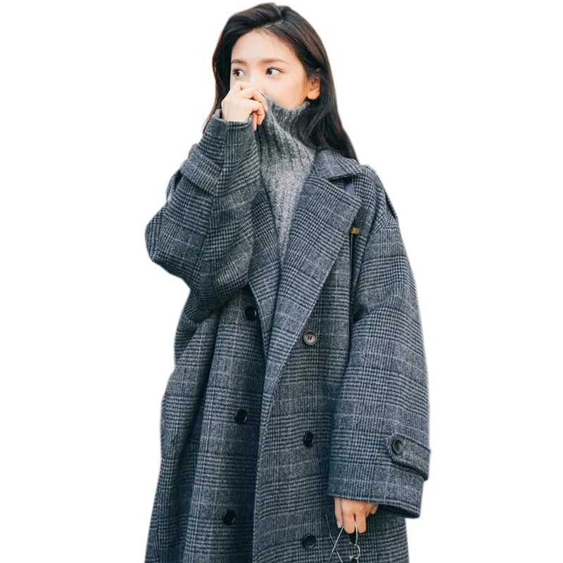 

Женское шерстяное пальто, элегантная клетчатая водолазка, свободная длинная твидовая верхняя одежда, осень-зима 2021