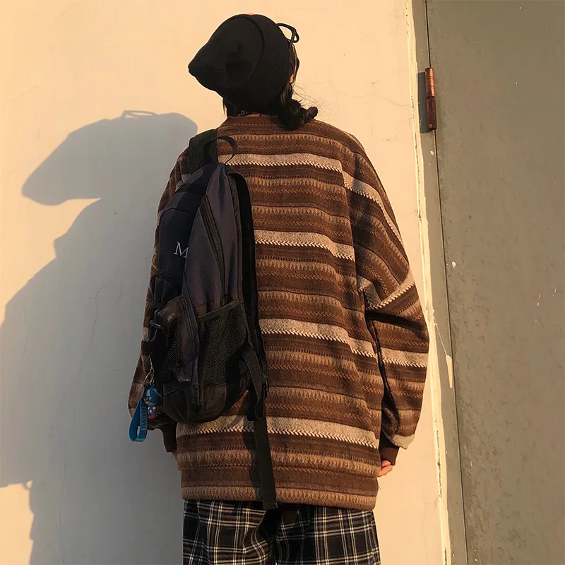 

Sweater for Women Top Pullover Retro Japanese Oversized Striped Loose Knit Soft Round-Neck Outwear Cool Fashion Couples Spring