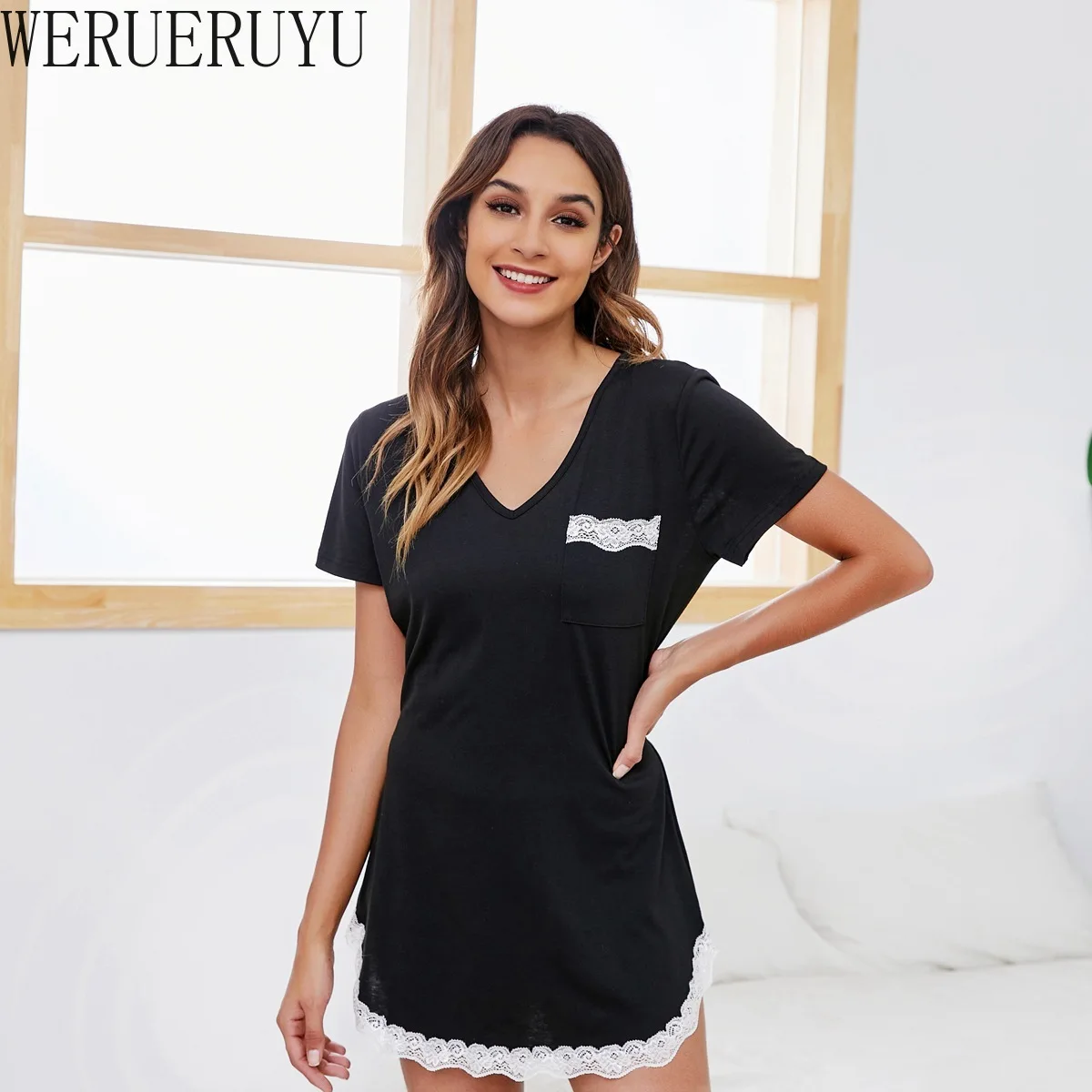 

2021 New Casual Lace Straight Mini Black Dress Women Summer Short Sleeve V-Neck Solid Harajuku Korean Dresses Clothing Vestidos
