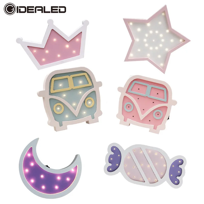 Ночной светильник s конфетного цвета деревянная Корона автобус звезда луна лампа