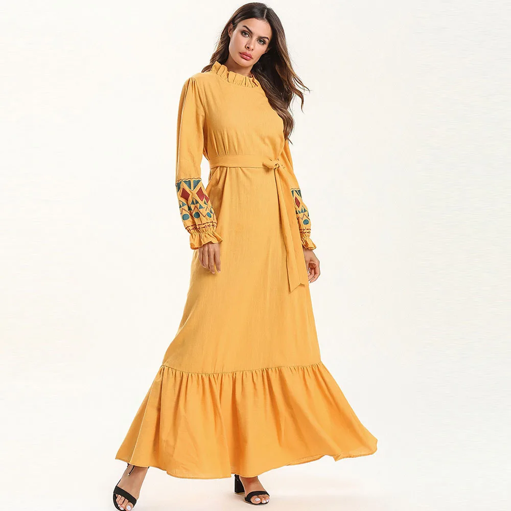 Дубай мусульманское абайя платье женская мусульманская одежда печати листьев