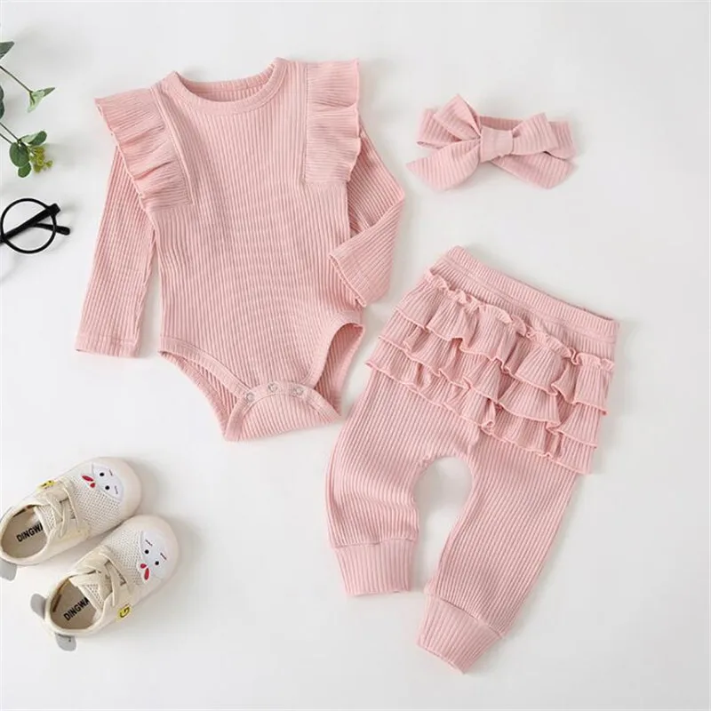 

New Born Baby Girl 0-24M Cotton Ribbed Suit Solid Color Crew Neck Lace Long Sleeve Top Ruffled Pants Hairband 3-piece Suits
