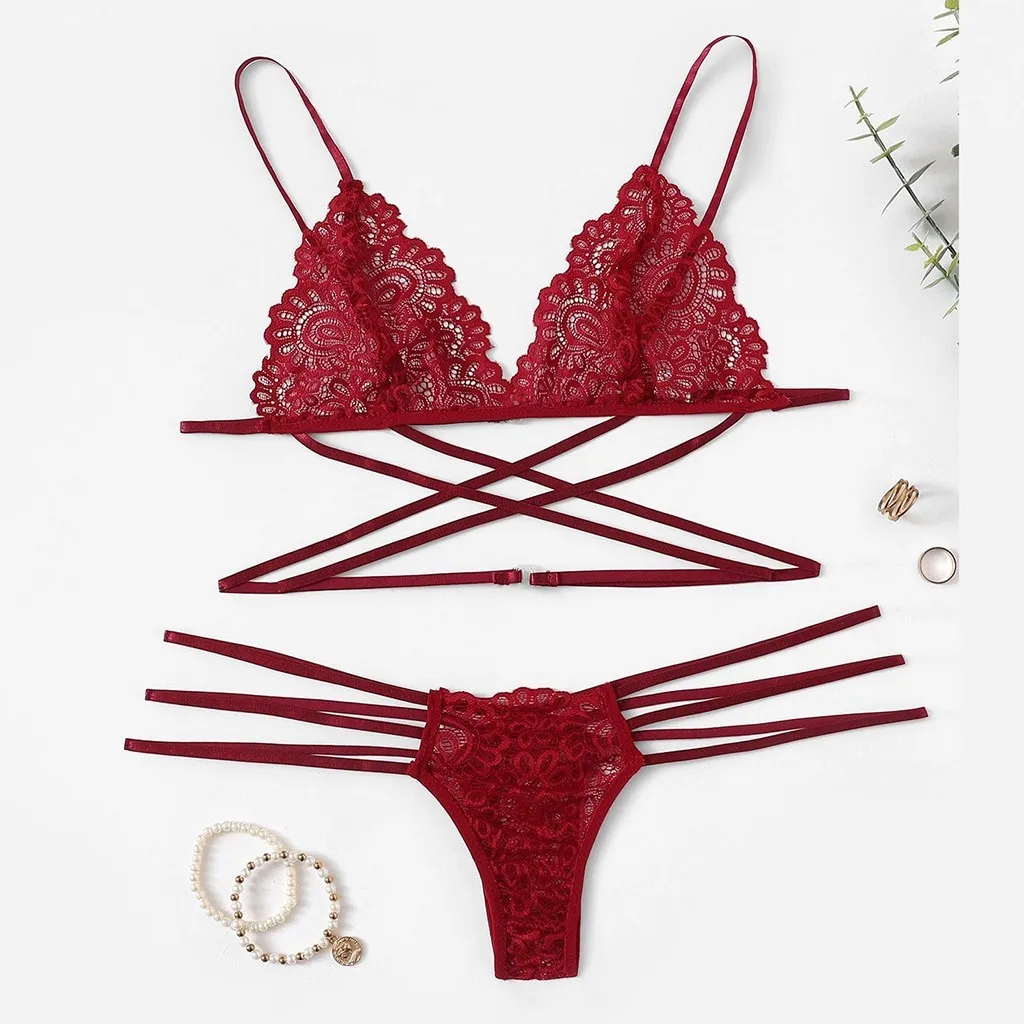 

New Women Sexy Lace Lingerie Thong Set Bodydoll Sleepwear Bandage Bra Underwear Mujer Cueca Mulher Lenceria Sets Exotic