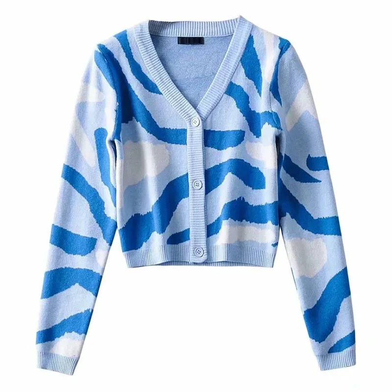 

Y2k Women's Sweater Button Down Cropped Cardigan Sexy Long Sleeve Abstract Print Knit Sweater Spring Autumn Streetwear