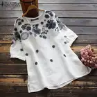 Женская винтажная рубашка ZANZEA с коротким рукавом, свободные Ретро Топы 2021, блузка с цветочной вышивкой, Летние повседневные топы, праздничные Блузы с круглым вырезом