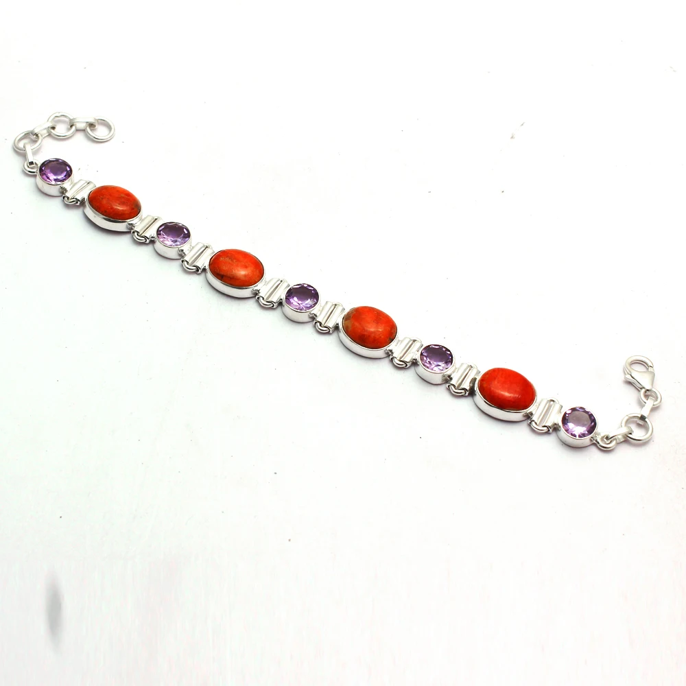 

Genuine Red Turquoise + Amethyst Bracelet 925 Sterling Silver, Women Fine Jewelry Gift, 2SBR0208