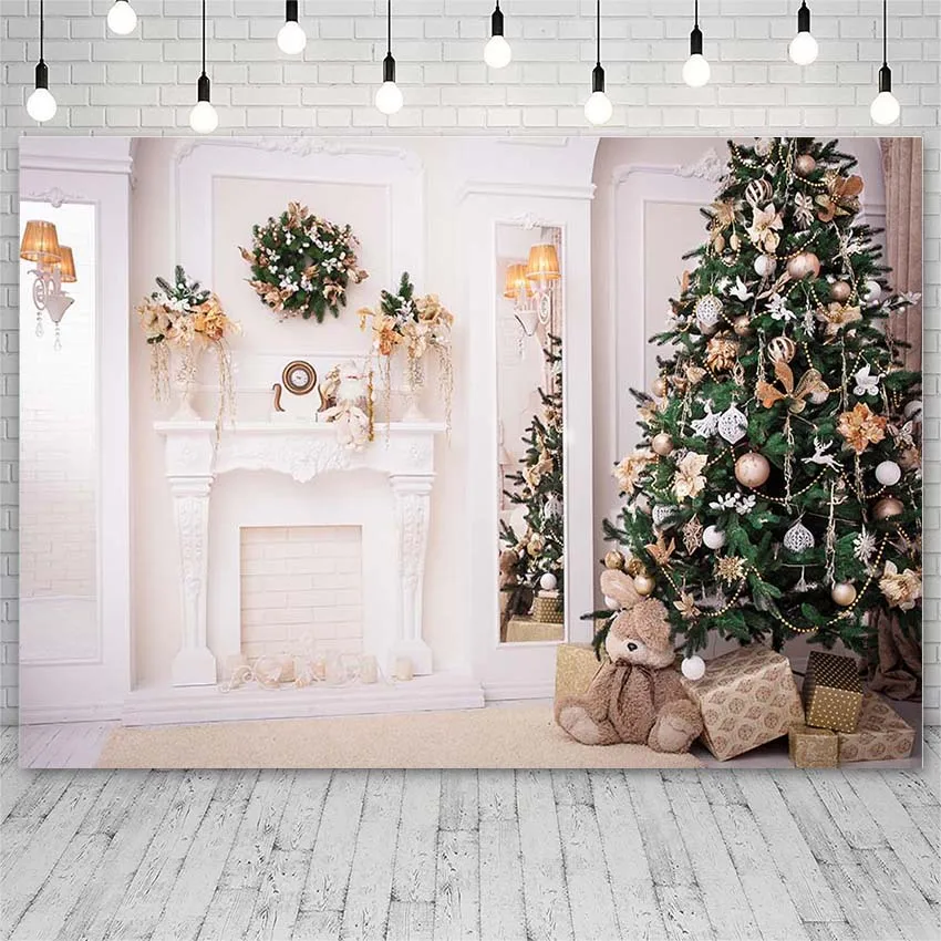 

Avezano Merry Christmas Tree Backdrops Winter Gifts Fireplace Mistletoe Wreath Decor Photographic Backgrounds For Photo Studio