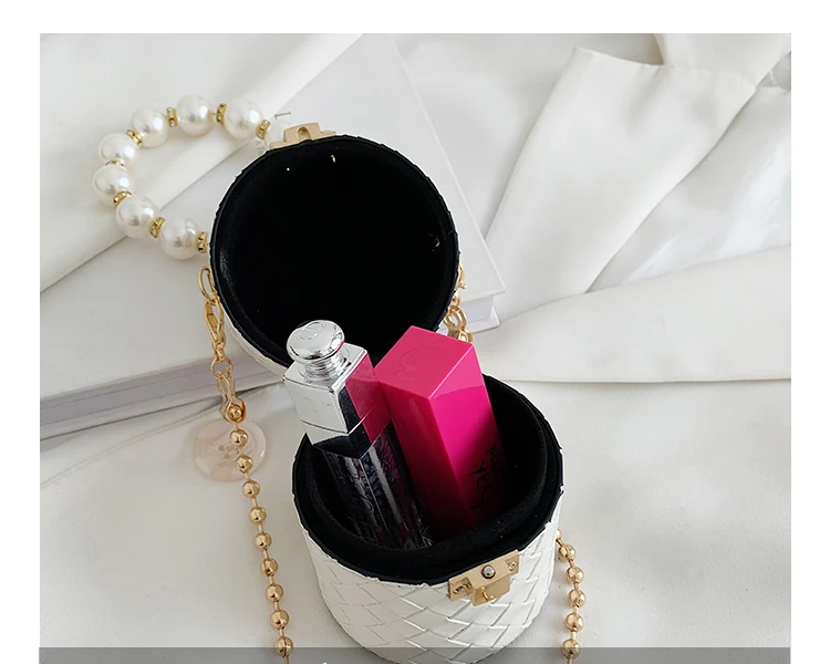 

Weave Pattern Cylindrical Chain Shoulder for Women Pearl Wrist Mini Purses and Handbasg Casual Designer Bag Party Clutch Summer