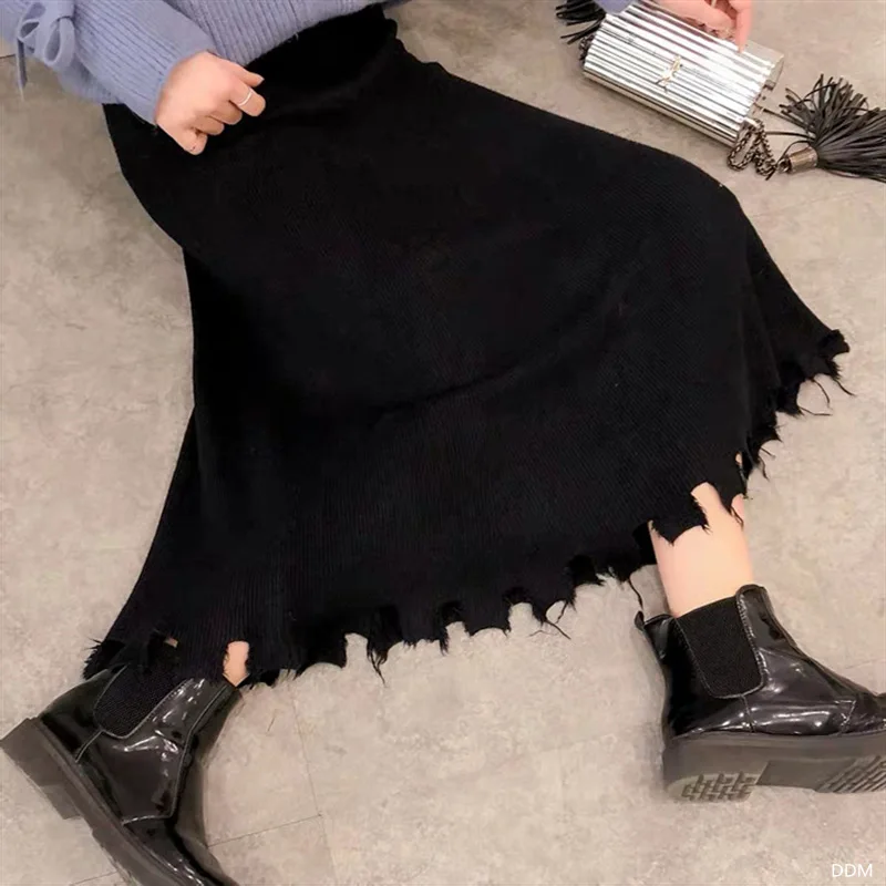 2019 с дырками и высокой талией женские вязаные трапециевидные длинные юбки Ретро