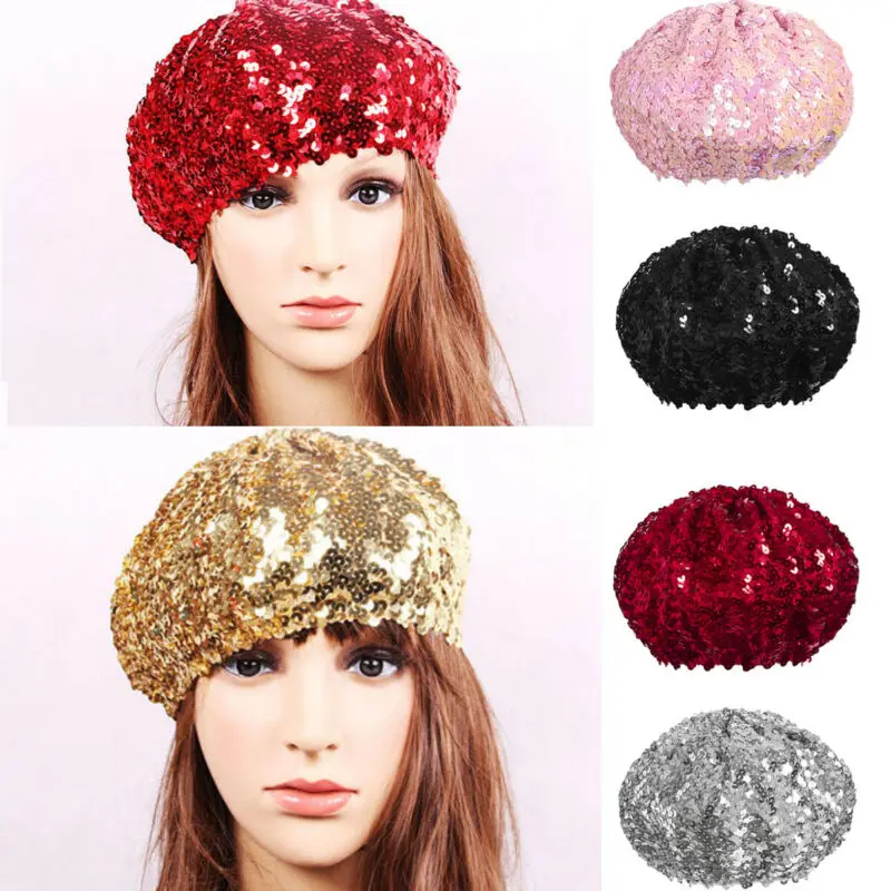 Для женщин блесток Bling cap стрейч бини металлик блестящая французская шляпа берет