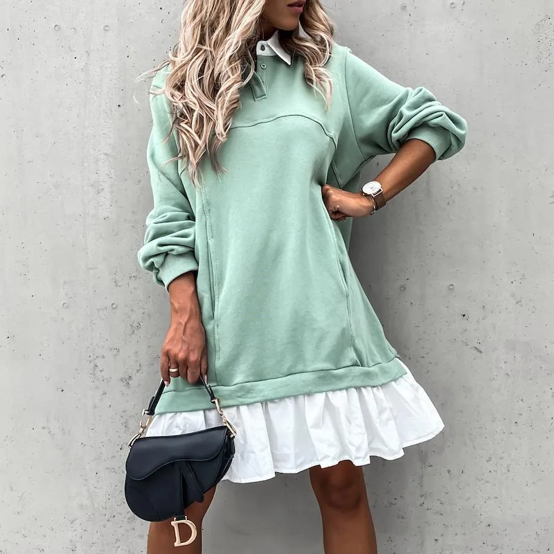 

2020 European and American Autumn and Winter Color Matching Pocket Button Sweater Long Sleeve Dress 2902