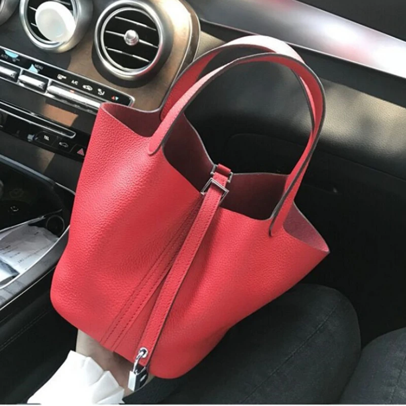 Buyuwant Genuine Leather Handbags Drawstring Designer leather bucket bag lychee pattern simple handbag GN-SB-stlzbd