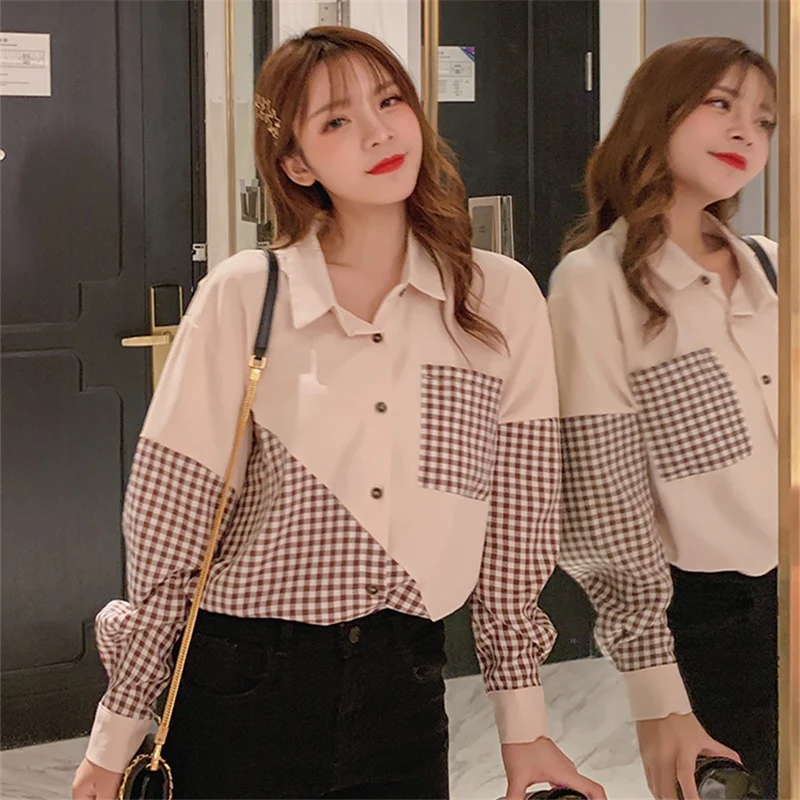 

XUXI 2020 Autumn Winter Plaid Splicing Shirt Women Fleece-lined Thickened Korean Fashion long sleeve chemise femme FZ3241