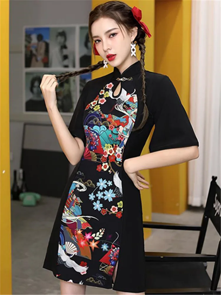 

Chinese Style Cheongsam Dress Women Fashion Black Modern Modified Qipao National Traditional Robe Orientale Girl Vestido Chino