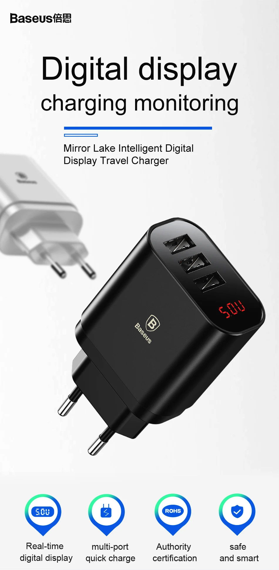 Зарядное устройство USB Baseus с цифровым дисплеем для samsung, Xiaomi, зарядное устройство для телефона, 3.4A, максимальное быстрое зарядное устройство для iPhone, зарядное устройство, адаптер