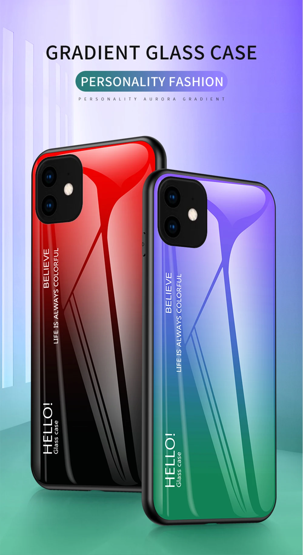 Чехол из закаленного стекла для iPhone 7, 8, X, 6, 6S Plus, градиентный цвет, голубой луч, Аврора, кожа, задняя крышка для iPhone 11 Pro, XS Max, X, XR, чехол
