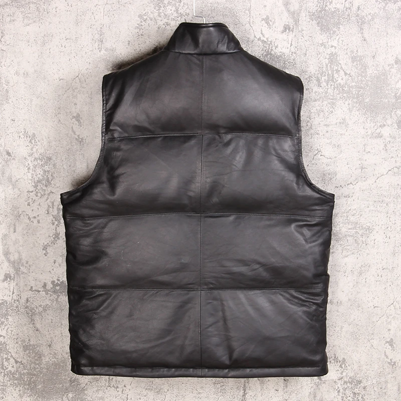 

100% Men New Designer Real Leather Down Vest Winter Black Sheepskin Sleeveless Jacket Casual Zip Loose Short Waistcoat Oversize