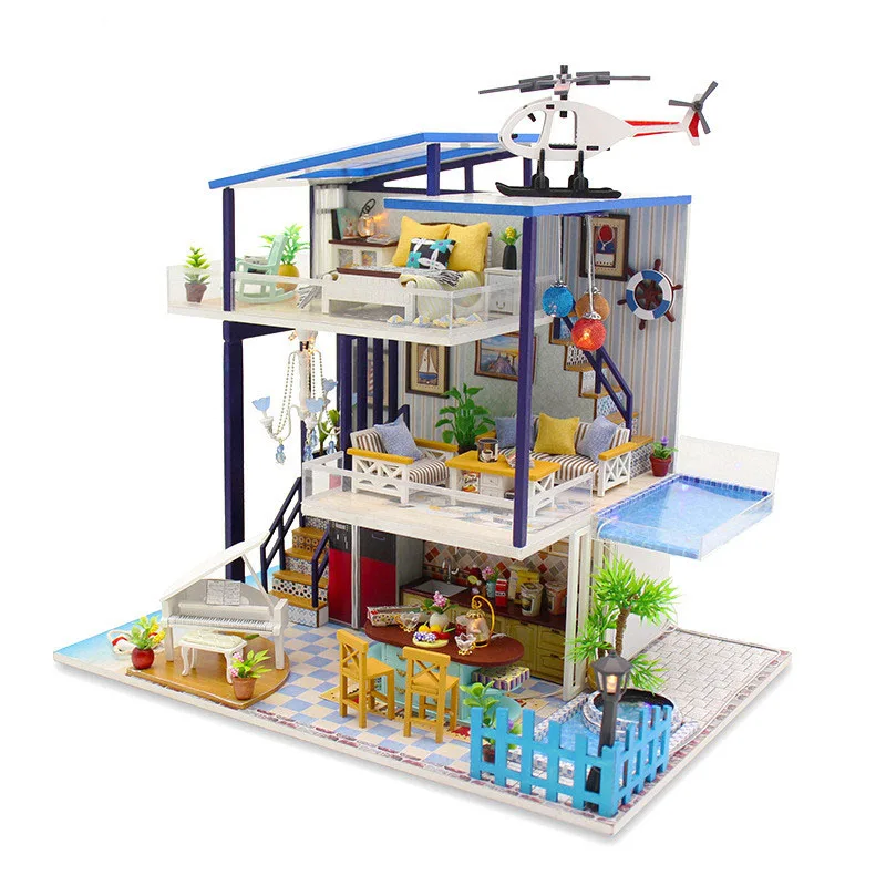 Миниатюрный дом сад вилла кукольный домик с вертолетом Фортепиано Светодиодные