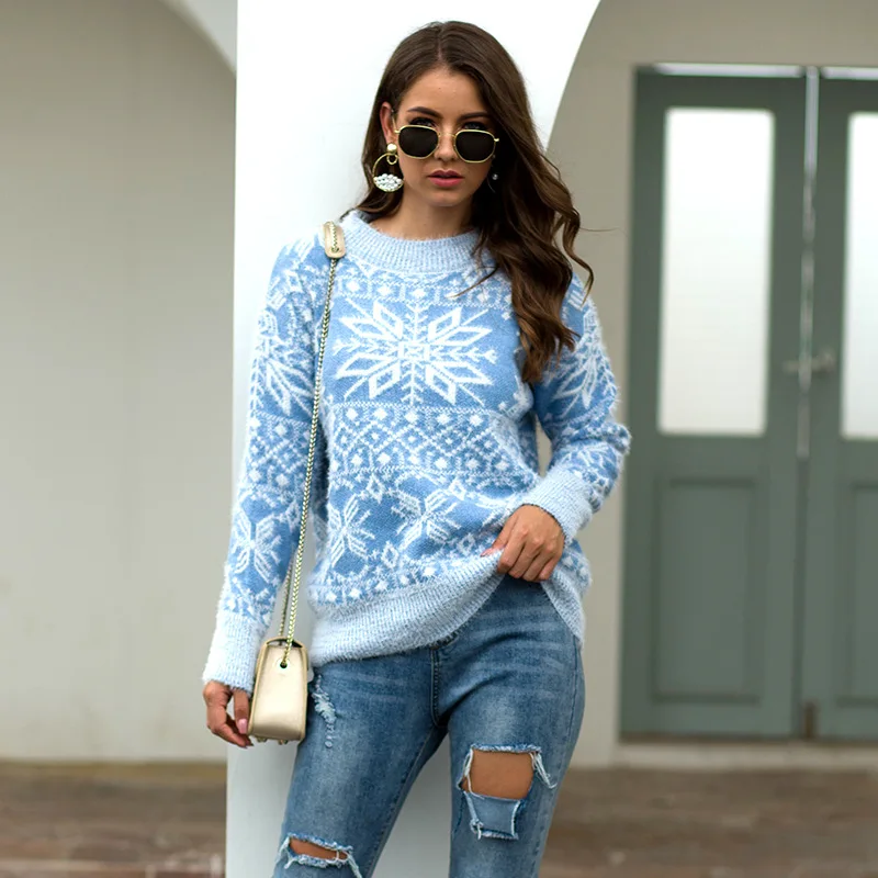 

2021 New Snowflake Sweater Women Thickened Warm Winter Pullover Sweater Christmas Snowflake Women Sweater Knitted Top