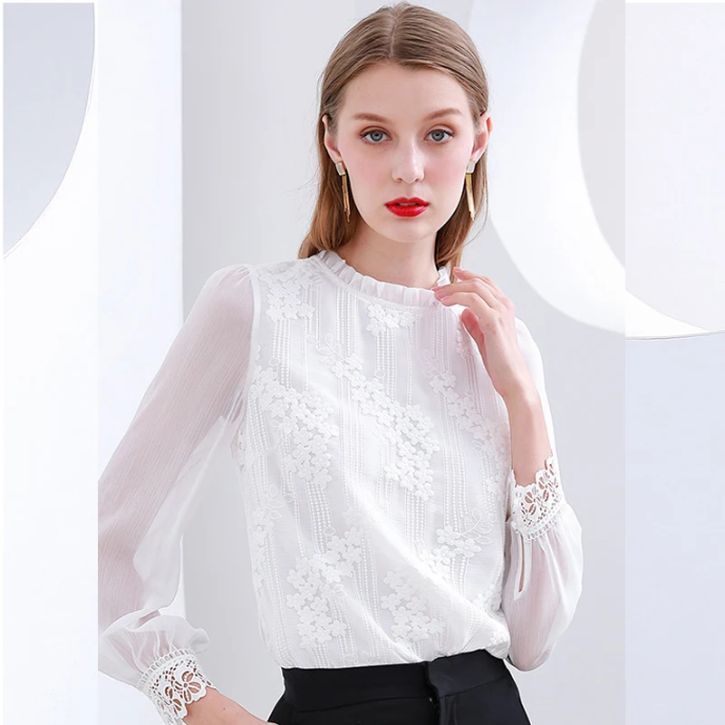 

ONLY PLUS 2021 Spring White Lace Blouse Office Lady Autumn Floral Lace Up Fashion Shirt Tops O-Neck Long Sleeve Women Blouse