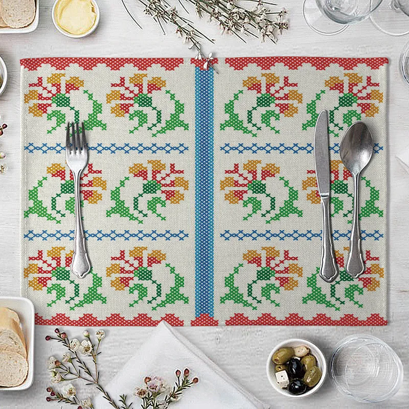 Льняная подстилка с геометрическим рисунком тропических растений цветов птиц