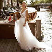 boho lace wedding dresses 2021 v neck open back tulle beach floor length bohemian bridal gowns sleeveless white robe de mariee