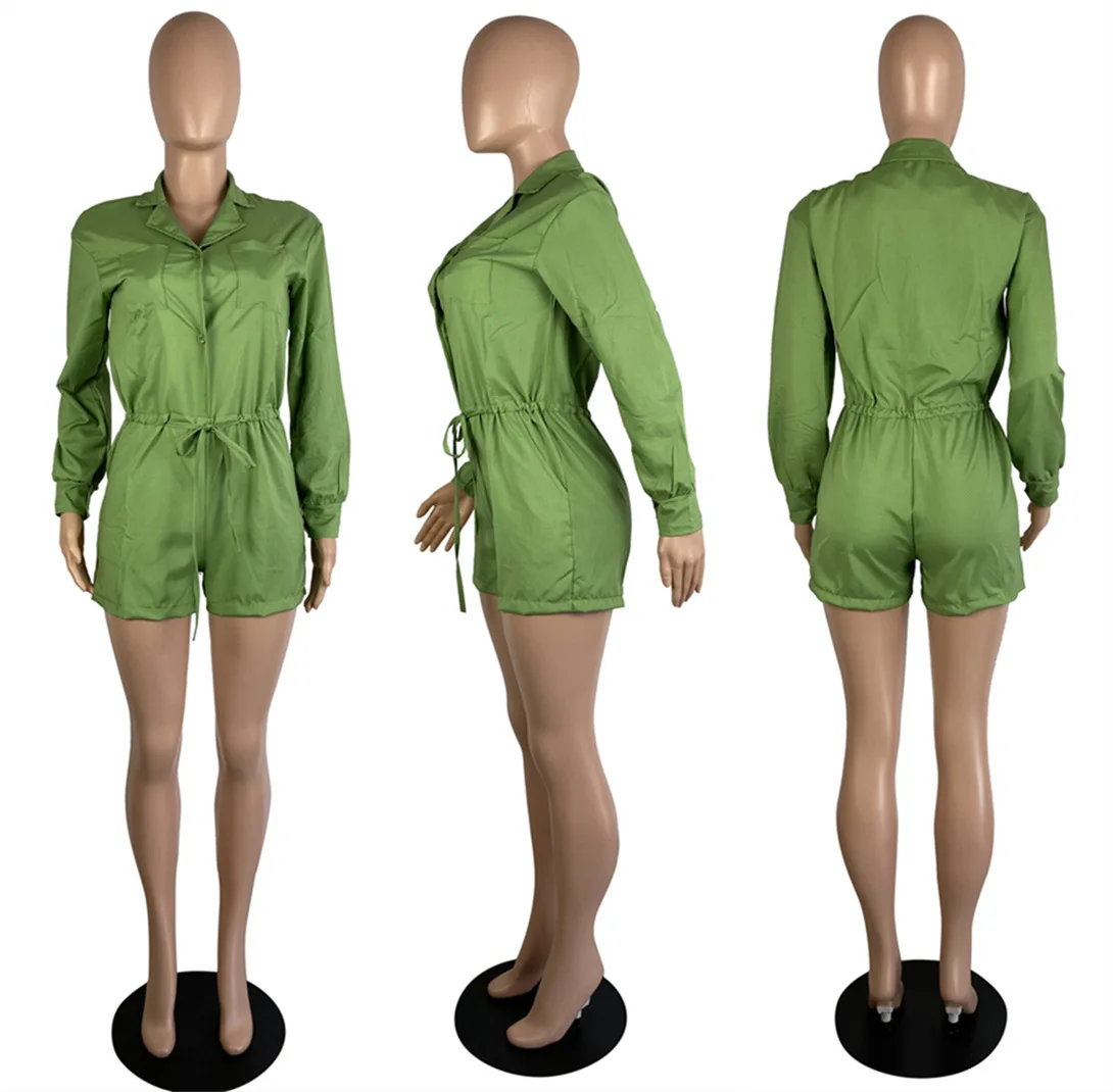 

2021 Hot New Solid Women Girls Cargo Jumpsuits Long Sleeves Lapel Neck Elastic Waist Casual Loose Playsuits Shorts Jumpsuits