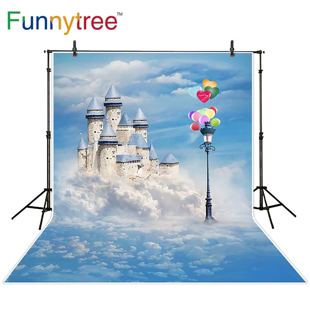 Фотофон Funnytree с воздушными шарами голубое небо облака замок фон для фотосъемки