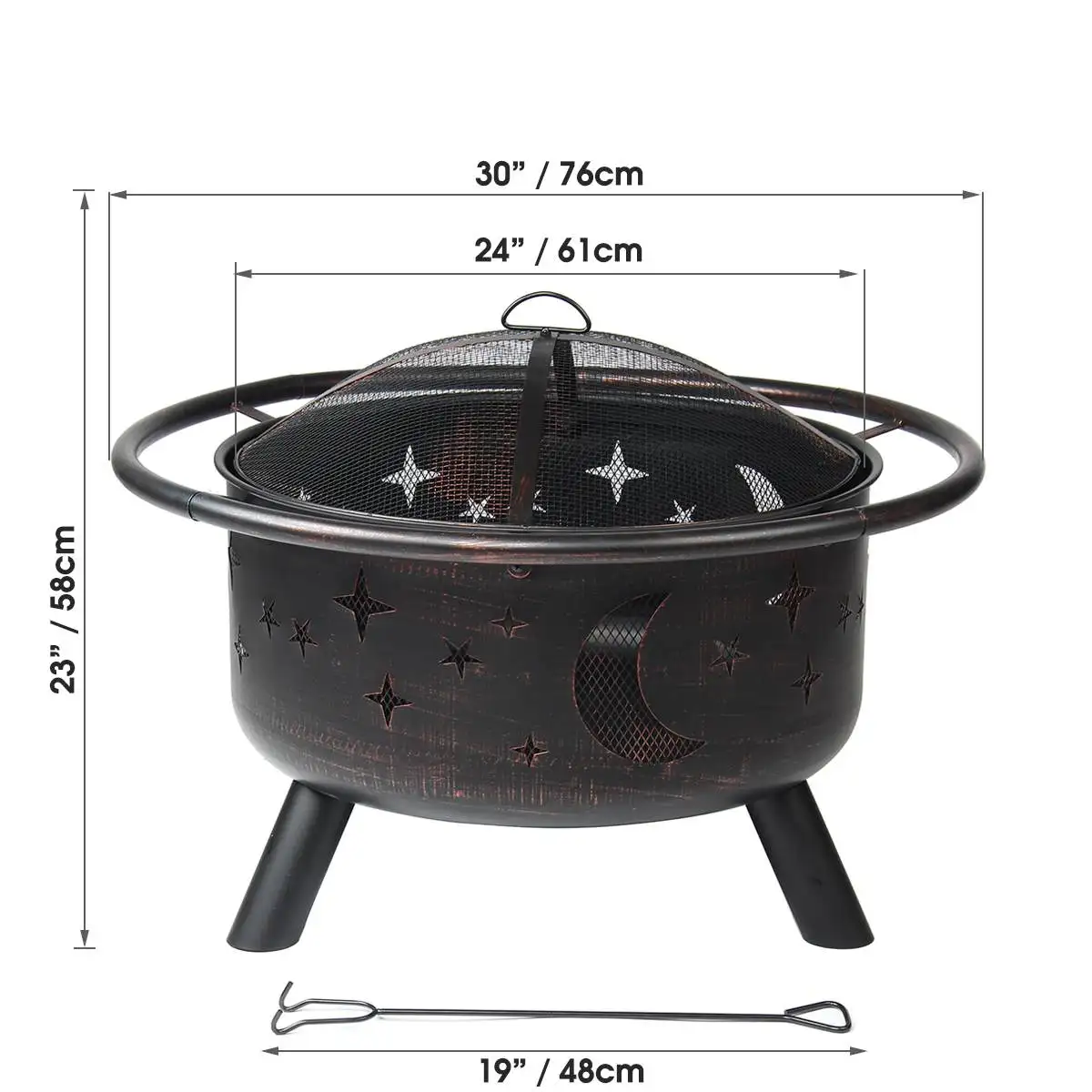 

30" Portable Wood Burning Fire Pits Curved Feet Brazier for Backyard Iron Black Courtyard Metal Fire Bowl With Poker Dust Cover