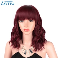 lativ synthetic pink short bob wavy wig with bangs shoulder length black ang red wigs for women heat resistant