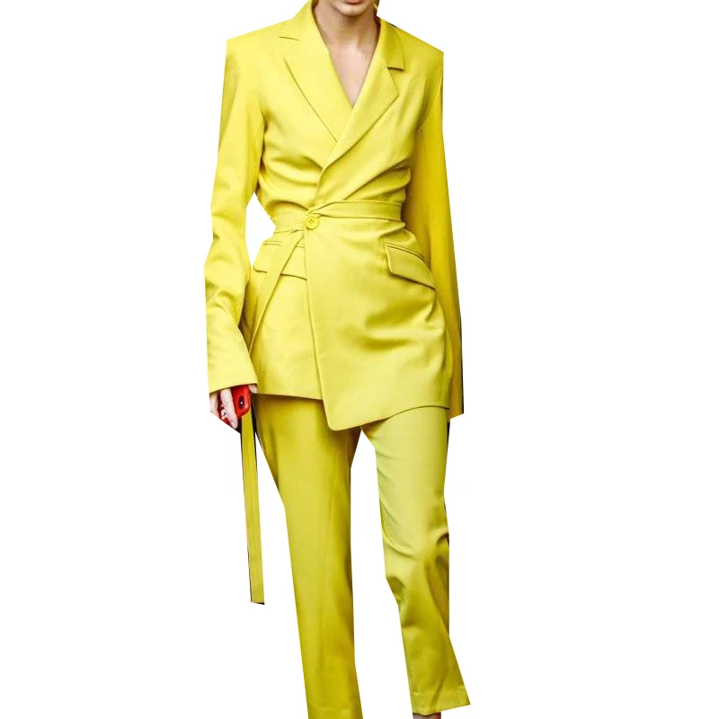 Женский облегающий костюм-Блейзер желтый костюм с брюками офисная одежда