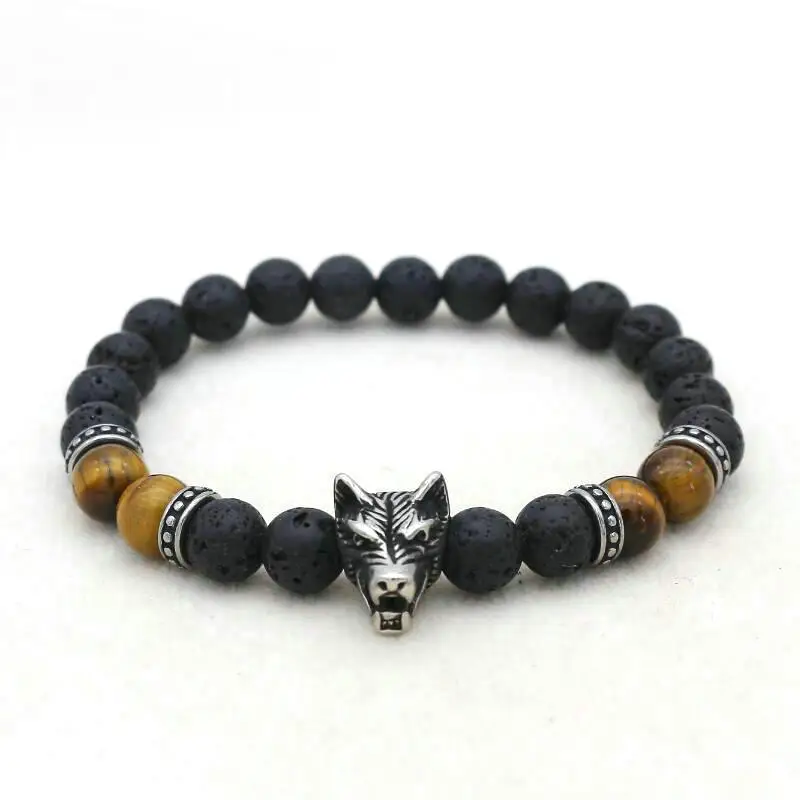 Мужской браслет из титановой стали с волчьей головкой и бусинами модный